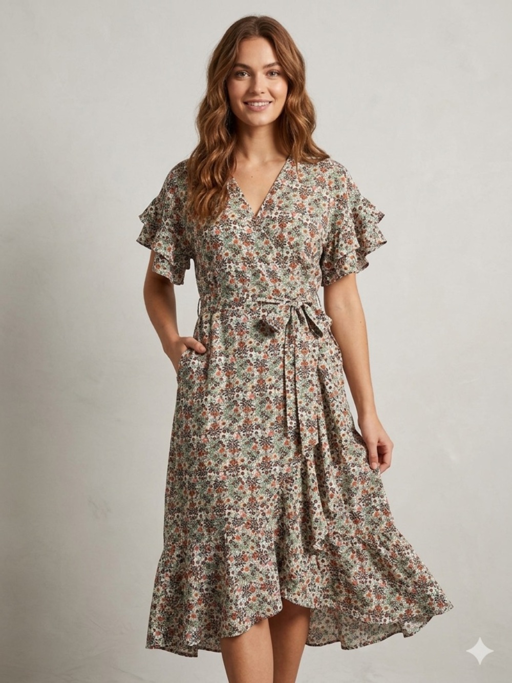 Max‎ Studio Feminine Flowy Sage Rust Floral Wrap Midi Dress 1X